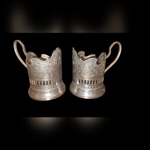 2 Vintage Antique Russia Soviet Silver Plate Tea Glass Holder Cup Mug